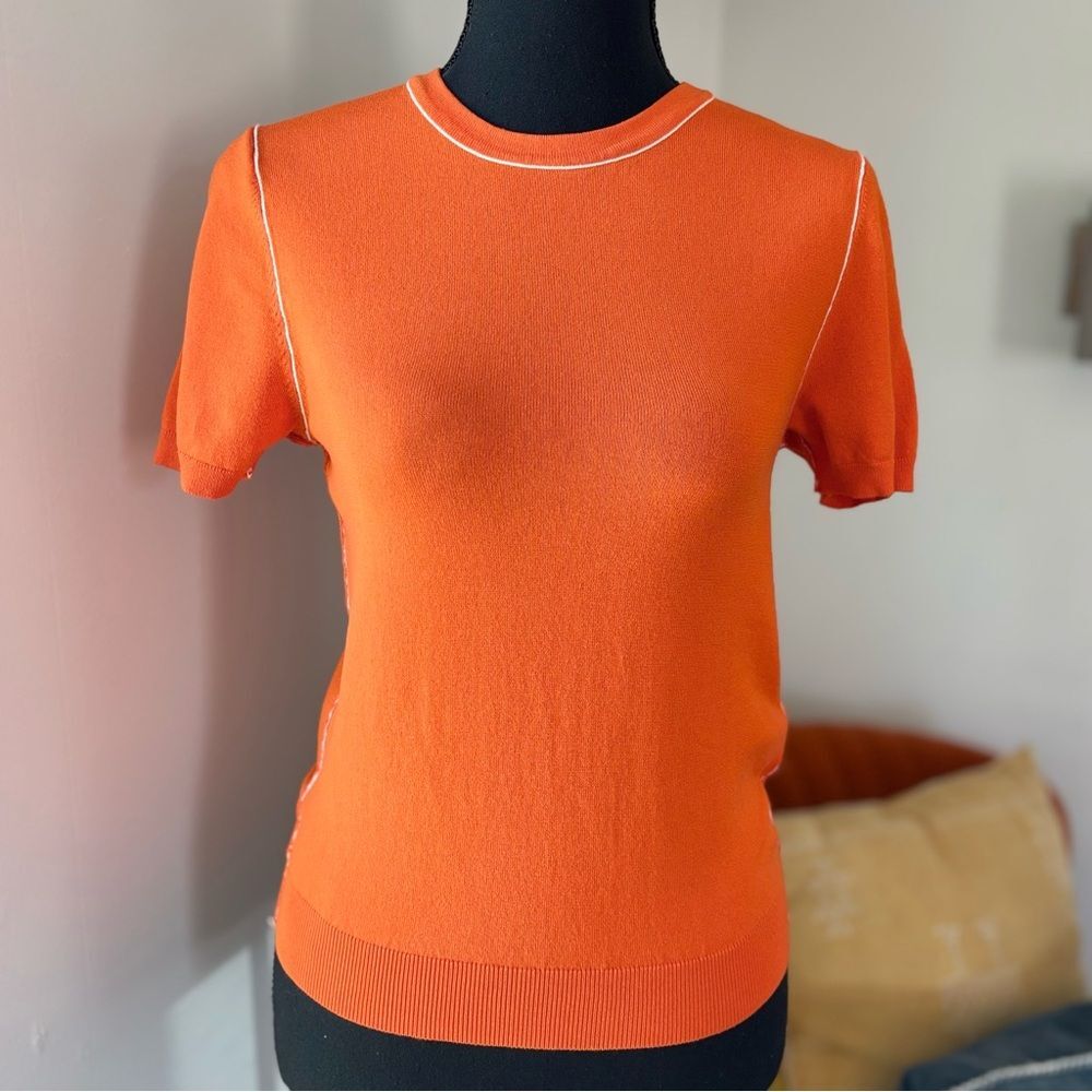 Zara Knit Short Sleeve Sweater Contrast Piping Orange White Small
